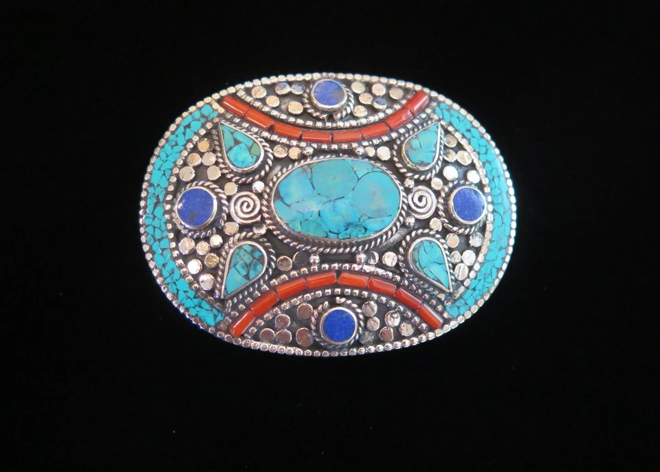Hebilla de cinturón ovalada|Piedra con incrustaciones|Turquesa|Coral|Lapislázuli|Plata alemana| 3 3/8 x 2 3/8 Foto 4 de 4