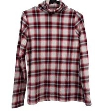 Lands End Womens S Shaped Fit Red & White Holiday Plaid Turtleneck Long Sleeve