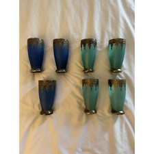 Lot of 7 Blue Glasses Cups Silver Medieval Middle Eastern Home Decor