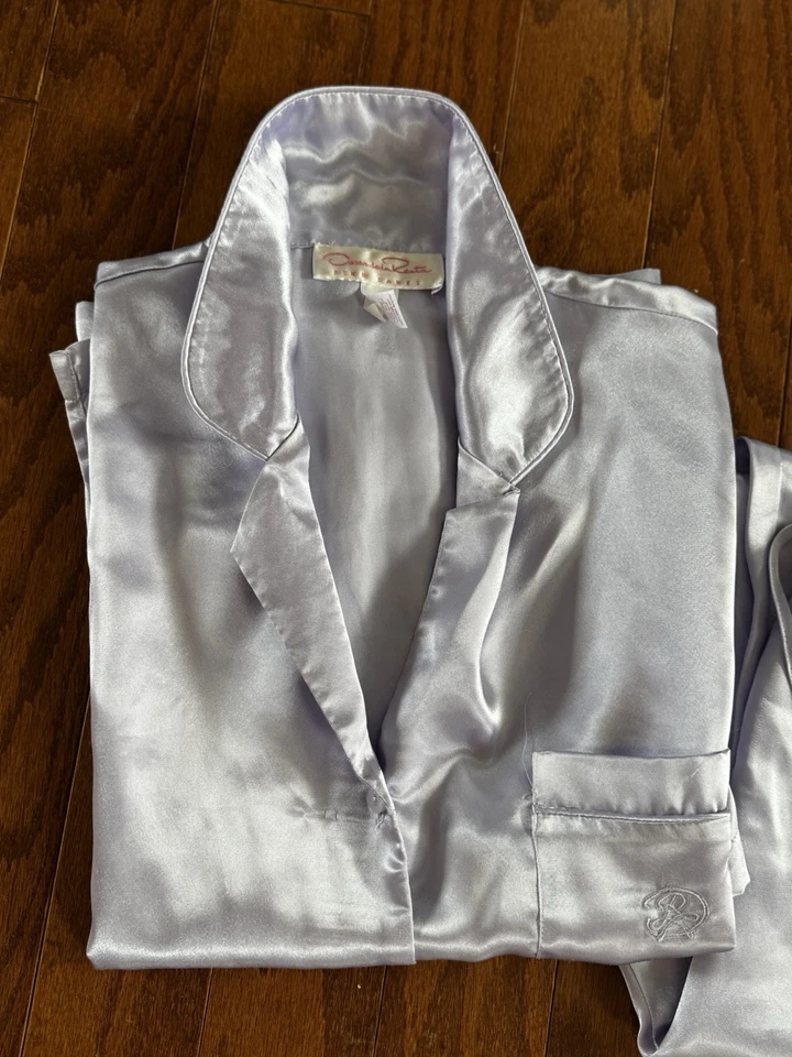 OSCAR de la RENTA Mujer Pijama Mediano Lila Camisa Pantalones Dormir Pjs Satinado Logo Foto 4 de 4