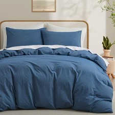 100 Washed Cotton Duvet Cover Queen Size, Denim Blue Fade-Resistant Natural ...