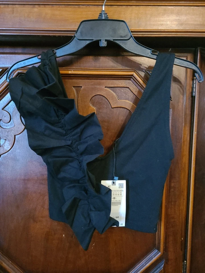 Zara NWT Crop Top Women's Size M S White Sleeveless Plunging V Neck Ruffles Sexy - Image 4 of 4