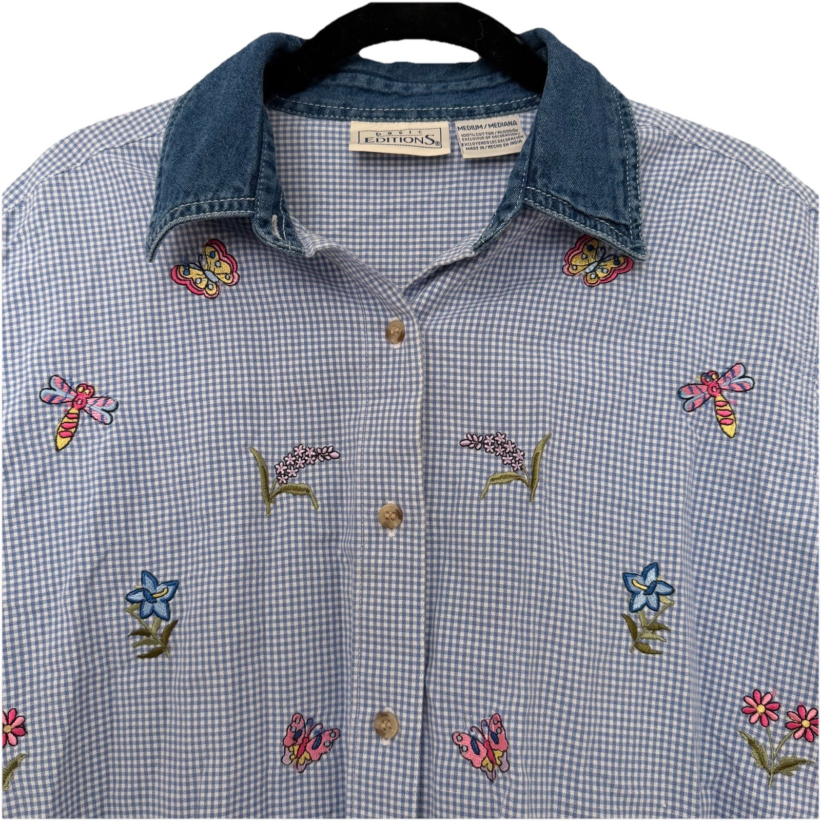 Vintage Basic Editions Gingham Embroidered Button… - image 1