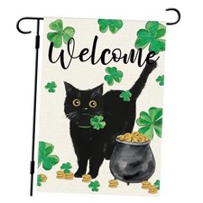 Welcome St Patricks Day Cat Garden Flag Shamrocks Clovers Black Cat Flag