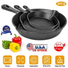 3Pcs Cast Iron Skillet Set - 6/8/10in Pre-Seasoned Oven Safe Natural Non-Stick