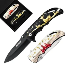 Christmas Knife 2 PC4"Folding Knives w/ Deer&Tree Pattern, Liner Lock, Belt Clip