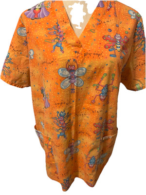 Cherokee Scrub Top  Uniform Bugs Doing Magic Tricks Size Large Orange