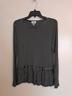 Womens Old Navy Size L Black And White Striped Long Fitted Sleeve Ruffle Top 