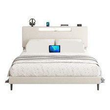 Upholstered Platform Bed Large Size Frame With LED Light And Charging Function