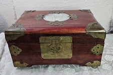 Vintage Chinese Jewelry Box Wood Brass Inlay Made In Shanghai