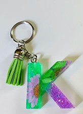 Purple Green Glitter Sunflower Resin Keychain Letter