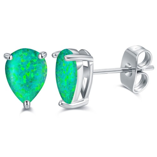 18K White Gold Plated Green Opal Teardrop Stud Earrings By Peermont Jewelry - Picture 2 of 2