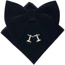  Mens Pre-Tied Bow Tie Tuxedo Oversized Velvet Bowtie Cufflinks Hankie Black