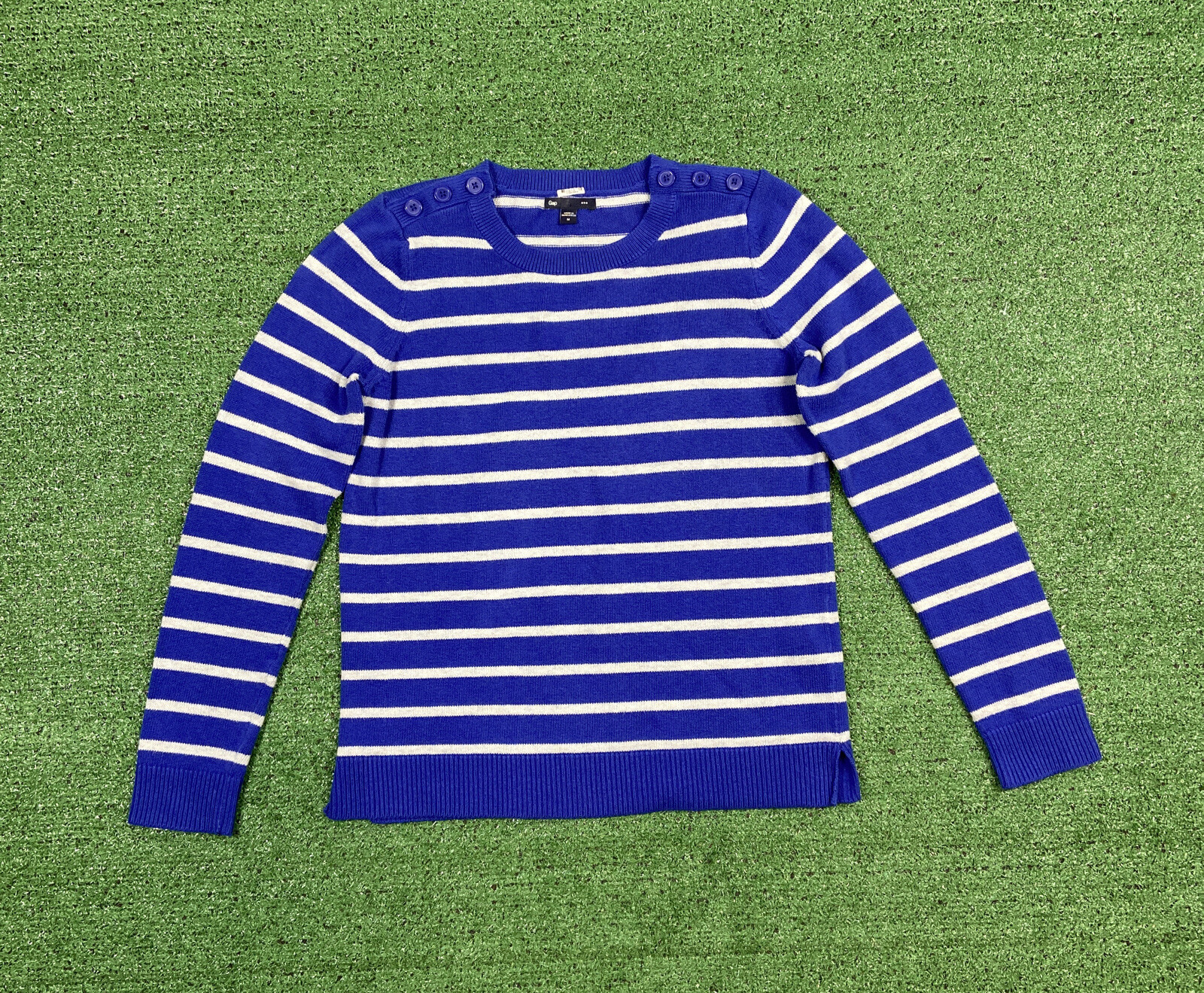 Gap Striped Knit Top Womens Size M Blue White Striped Shirt Crew Neck