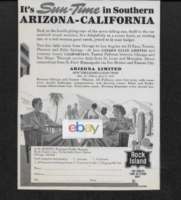 ROCK ISLAND RAILROAD 1940 ENJOY SUN TIME IN SOUTHERN CALIFORNIA & ARIZONA AD