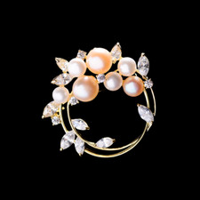 Women's Gold Plated Freshwater Pearl Cubic Zirconia Round Brooch Pin
