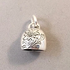 .925 Sterling Silver 3-D Etched EDELWEISS BELL CHARM Swiss Austria Cow 925 TS33