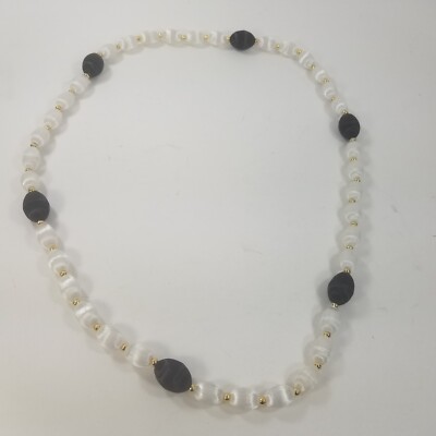 Vintage Silk Satin Thread Beaded Necklace Jewelry Gold Tone Spacers Black White