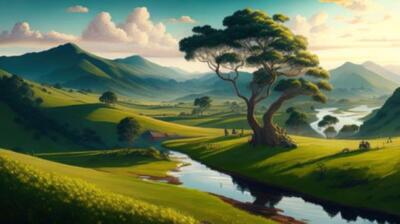 Landschaft mit einem Baum inmitten eines Feldes und einem Fluss. Ai erzeugt (203