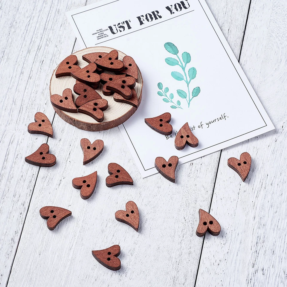100 Cute Natural Wood Heart Buttons 2-Hole Flat Crafting Pieces Sienna 20x16mm - Image 3 of 4
