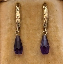 European Designer Solid 14K 585 Yellow Gold Amethyst Tear Drop Dangle Earrings