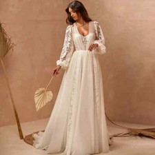 Bohemian Wedding Dresses V-Neck Long Sleeves A-Line Lace Corset Bridal Gowns