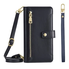 For iPhone 17 16 15 Pro Max 6 Card Slots Flip Zipper Case with Crossbody Lanyard