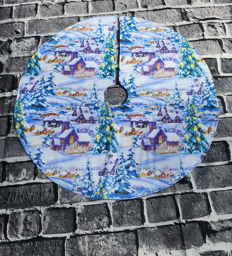 Handmade Mini 19" Christmas tree skirt SNOWY VILLAGE HOUSES TREES WINTER SNOW