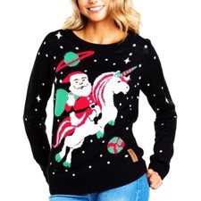 Tipsy Elves Ugly Christmas Sweater Women  s M Black Santa Sweater Unicorn Sweater