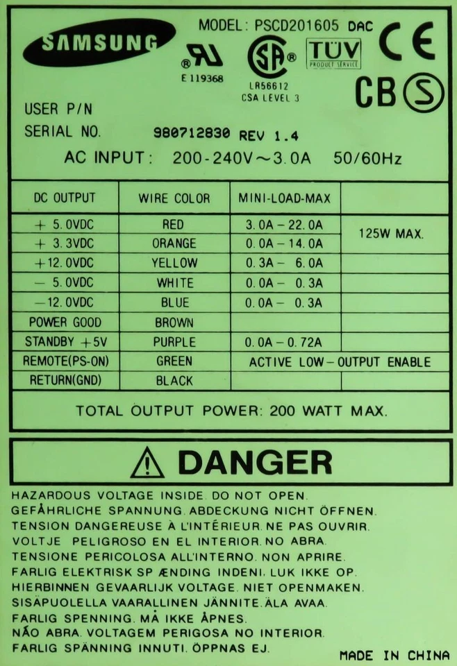 NETZTEILE SAMSUNG PSCD201605DAC 200WATT ATX 20-PIN 4xMOLEX FDD - Bild 3 von 3