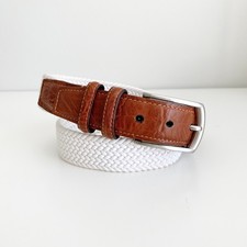 Torino Mens Woven Cotton Elastic Belt White Brown Leather Made in USA 38.5in