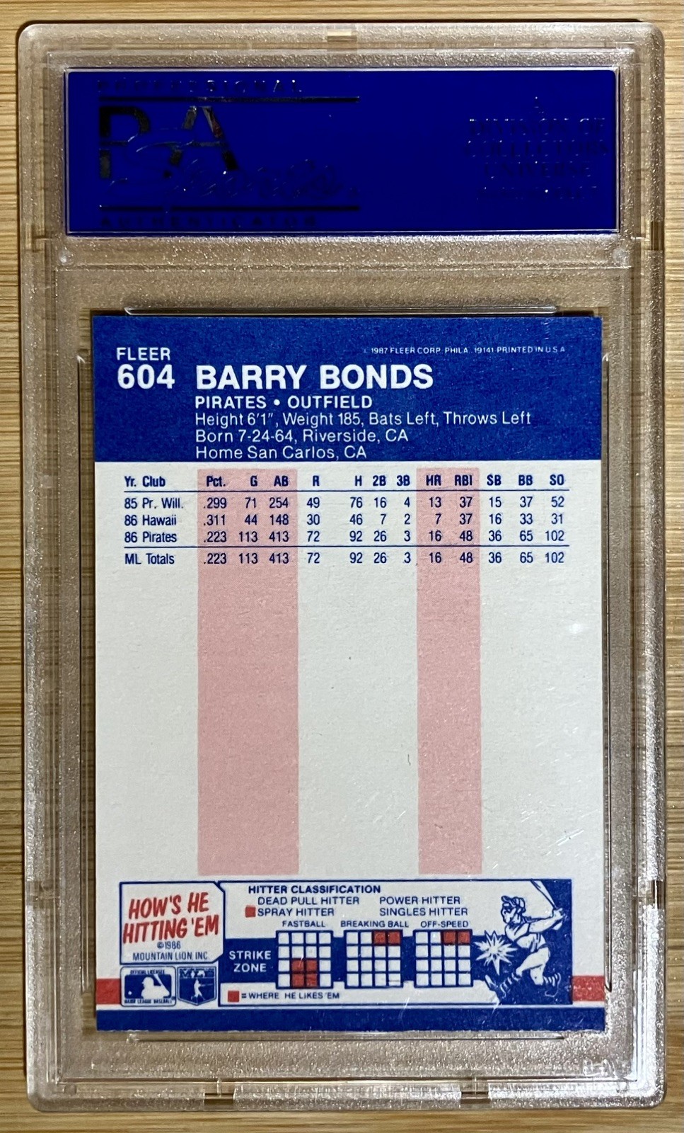 Barry Bonds 1987 Fleer RC #604 PSA 10 Gem Mint view 2