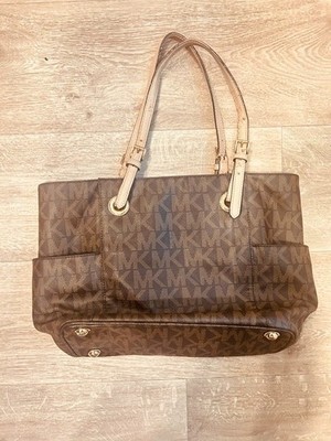 Michael Kors Dark Brown Leather Signature Jet Set Travel Tote Handbag, Large