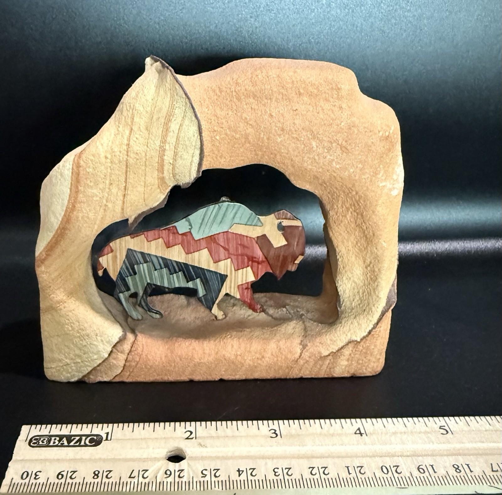 Hand Carved Sandstone Buffalo Figurine Southwestern Desert Rock Bison Sculpture