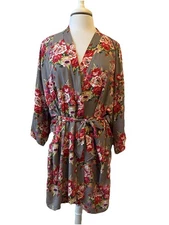 Kennedy Blue Pink Floral Kimono Short Robe Women's M Bridal Bloomcore Fairy Boho