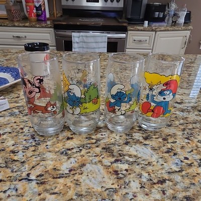 Wallace Berrie 1982 Smurfs 12oz Painted Glasses Set of 4 Gargamel Papa