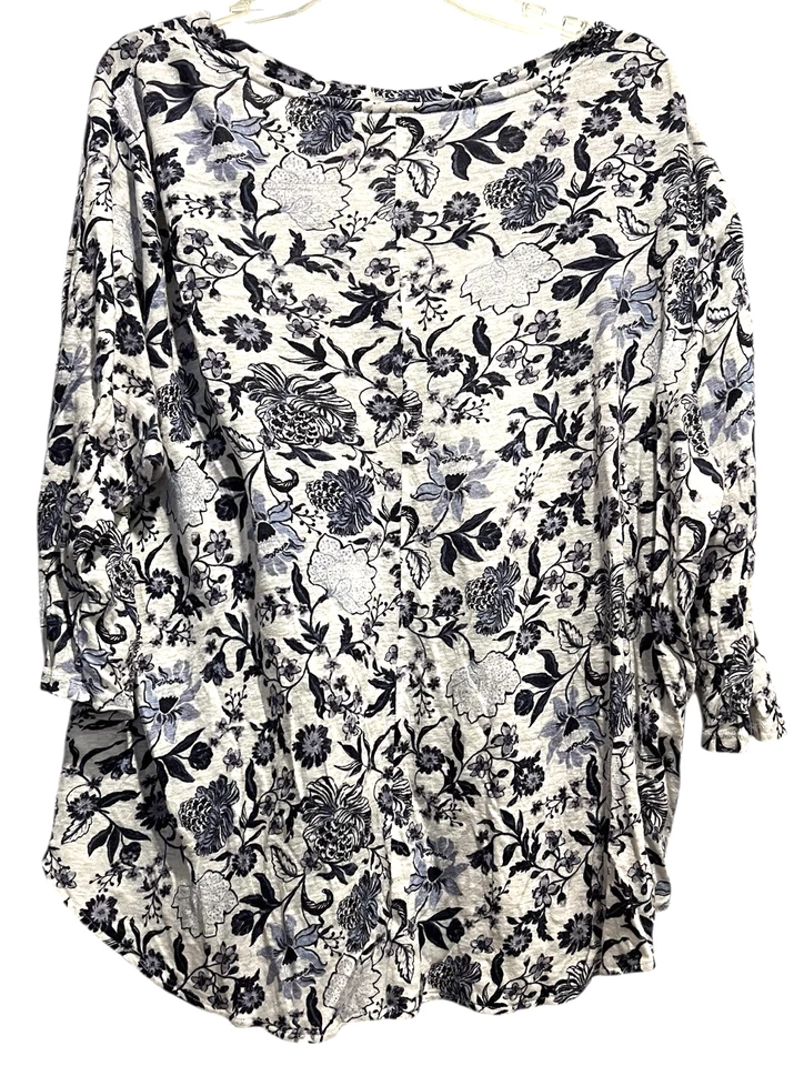Blusa Rachel Zoe Top de Lino Talla 2X Azul Floral Elástica Boho Manga 3/4 Foto 2 de 4
