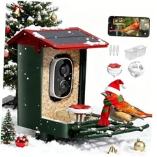 Smart Bird Feeder with Camera Solar Powered, 2K HD Video, AI Bird Green-Red