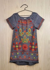 ROCKS INDIGO Short Sleeve Blue Cotton Peasant Dress M Embroidery Crochet Fringe