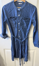 GAP XS Blue Chambray Lyocell Button Front Belted Shirt Dress Short Long Slv