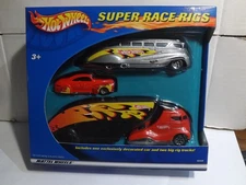 2003 Hotwheels Super Race Rigs Silver Bus & Red Tail Dragger & Red Semi Truck