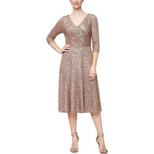 Alex Evenings 8196744 Bronze Long Sleeve Midi Sequin Aline Dress