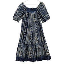 Vintage Kayla G Dress Womens Medium Blue Floral Puff Sleeve Boho Muumuu Hawaii