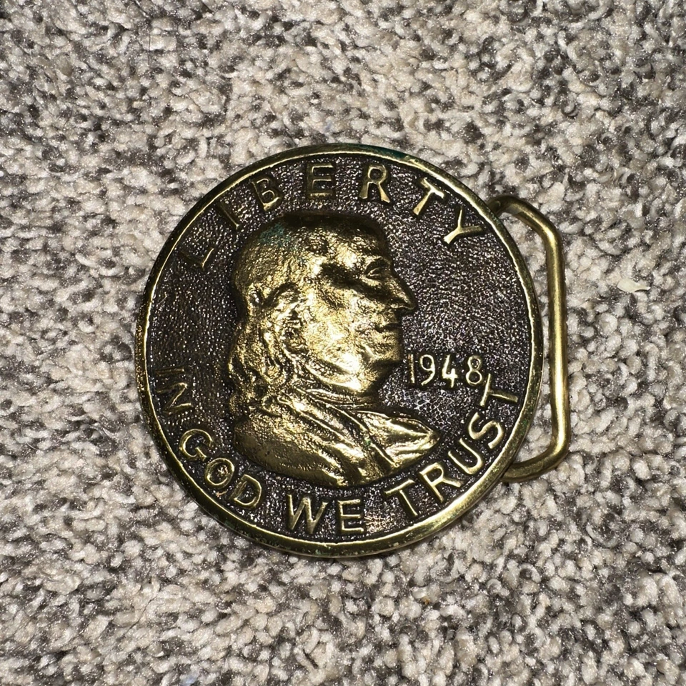 Moneda de medio dólar Franklin 1948 herencia como nueva hebilla de cinturón vintage con estuche rara Foto 3 de 4