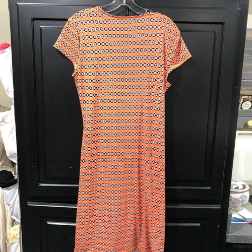 Jones New York Signature Faux Wrap Dress Orange Black White Stretchy Knit Sz L - Picture 5 of 6
