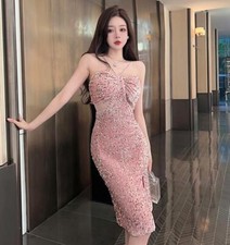 Women's 2024 Sexy Halter Neck Dew Waist Sequins Wave Point Slim Sit Slit Dress