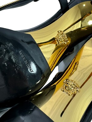 VERSACE Black Leather Medusa Safety Pin Zipper Slingback Sandals