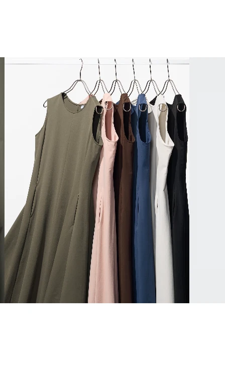 OFF WHITE Abito UNIQLO Ultra Elasticizzato S 3XL Senza Maniche Asciugatura Rapida Vestibilità Svasata 474063 NUOVO