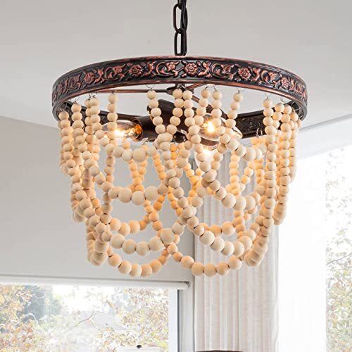 3Light Wood Bead Chandelier, Boho Light Fixture with Engraving Red