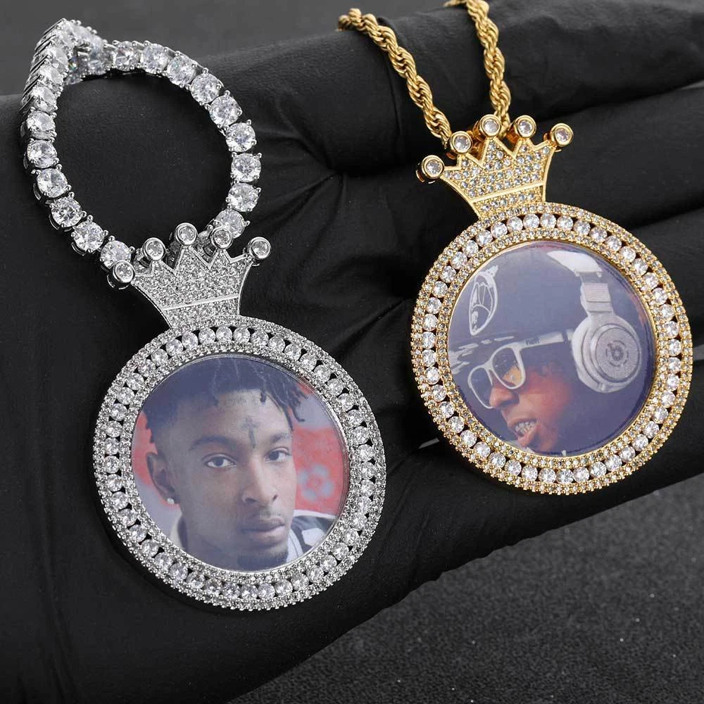 Hip Hop Custom Crown Photo Pendant Necklace Bling Women Men Lover Gift